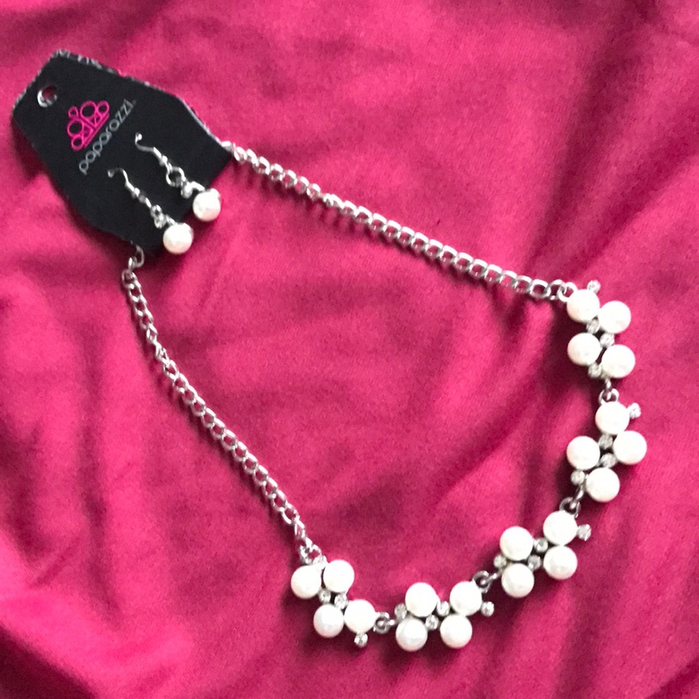Pearl and Rhinestone Necklace Earring Set